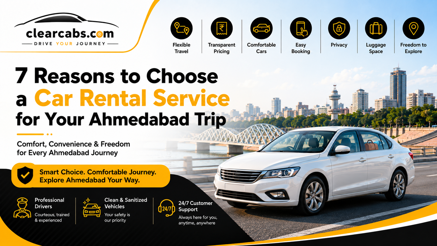 Rental car travelling along the Sabarmati Riverfront during an Ahmedabad city trip